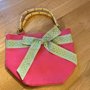 Pink and Green Tote Bag with Bamboo Handles
